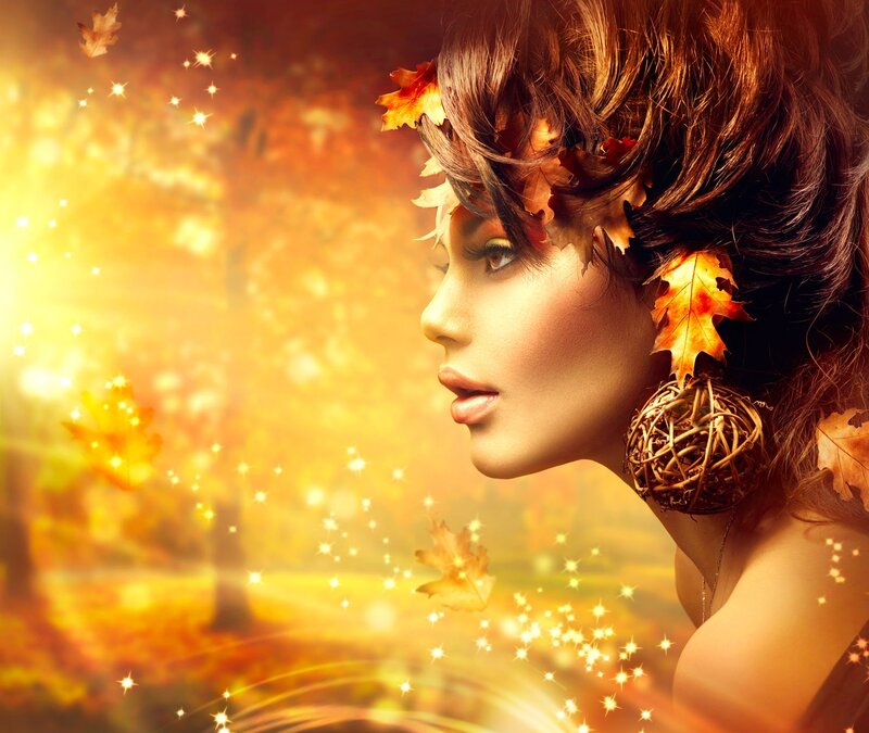 Woman with Autumn Leaves — Orange, Serene, Digital Art, Sparkles