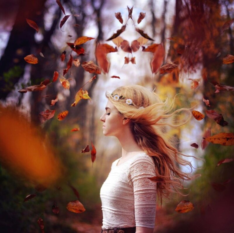 Woman with Autumn Leaves — Orange, Serene, Photograph, Forest