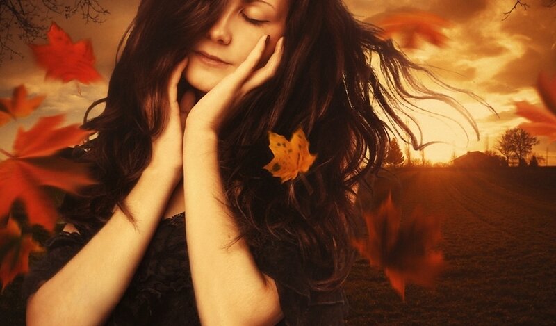 Woman with Autumn Leaves — Orange, Serene, Photograph
