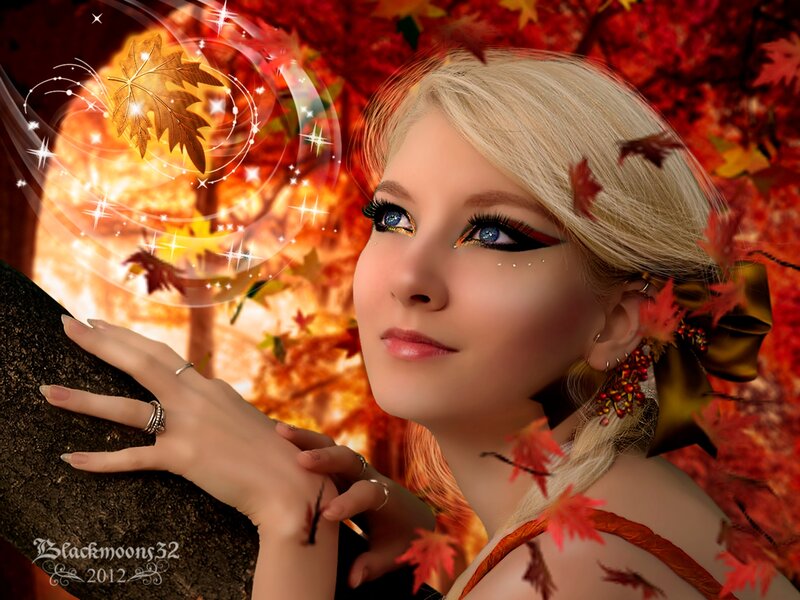 Woman with Autumn Leaves — Red, Magical