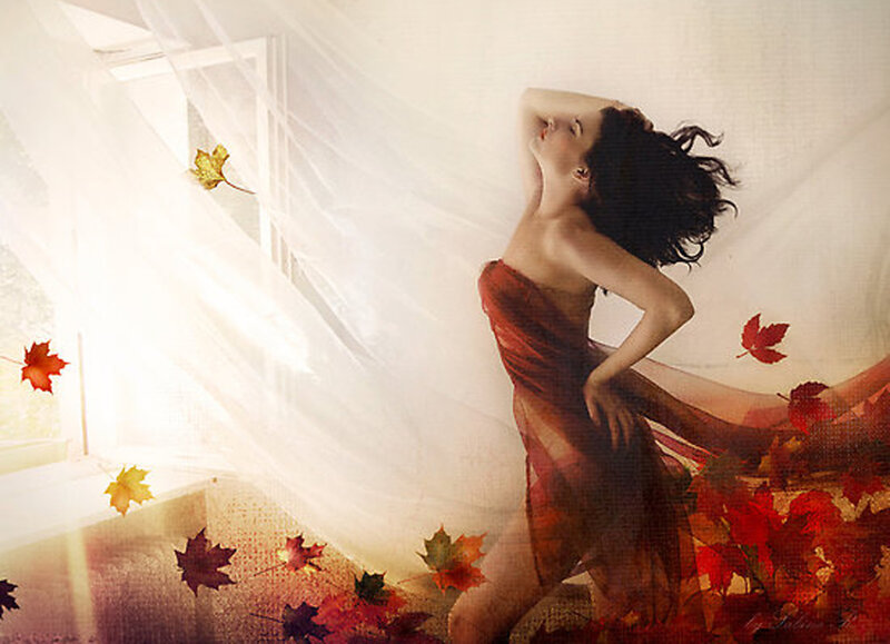 Woman with Autumn Leaves — Red, Serene, Digital Art