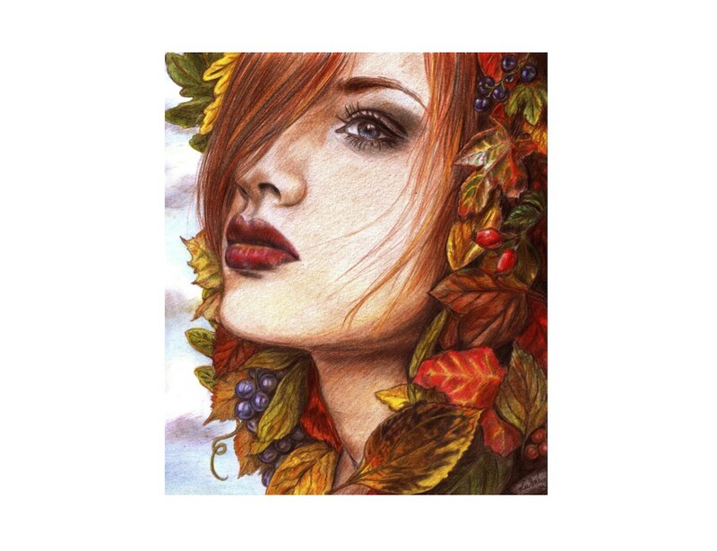 Woman with Autumn Leaves — Red, Serene, Illustration