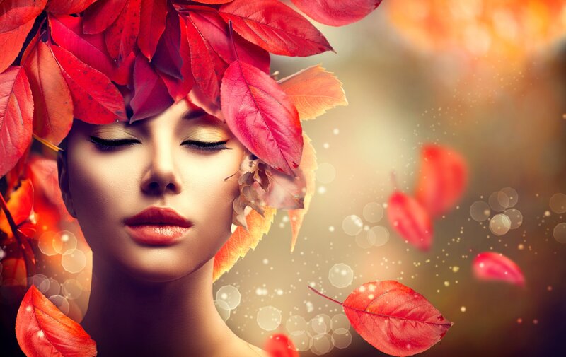 Woman with Autumn Leaves — Red, Serene, Photograph, Makeup
