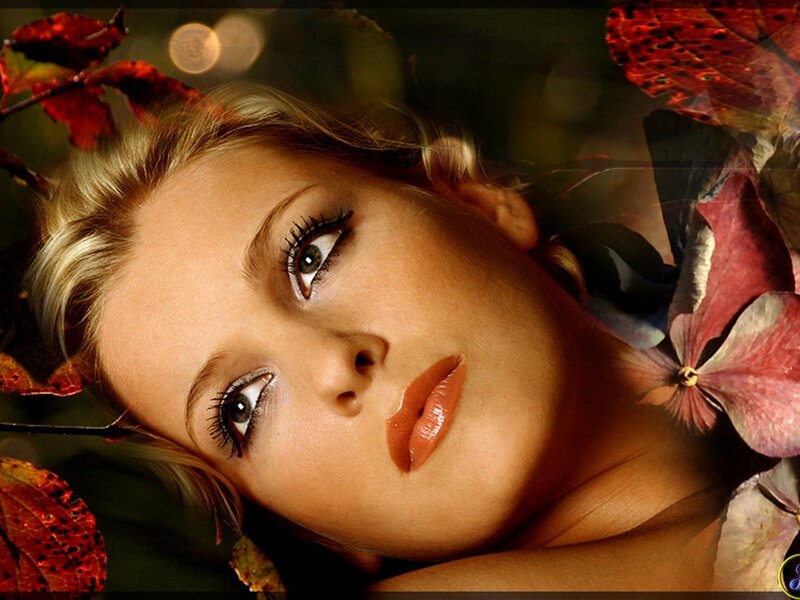 Woman with Autumn Leaves — Red, Serene, Photograph