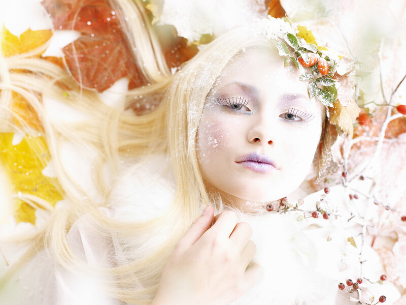 Woman with Autumn Leaves — White