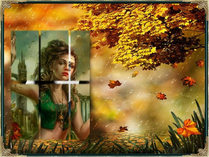 Woman with Autumn Leaves — Yellow, Dramatic, Digital Art