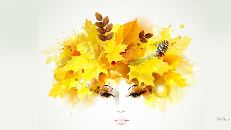 Woman with Autumn Leaves — Yellow, Serene, Digital Art, Pinecone