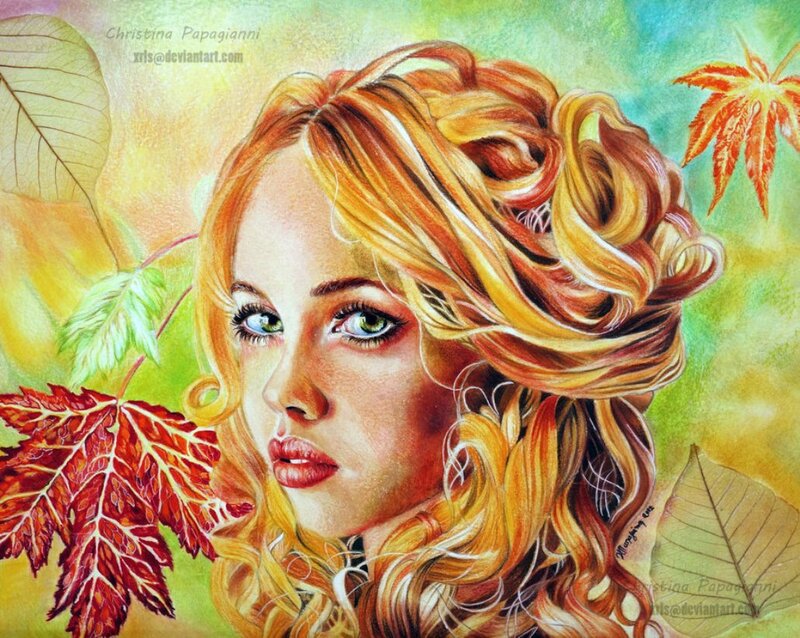 Woman with Autumn Leaves — Yellow, Serene, Digital Art