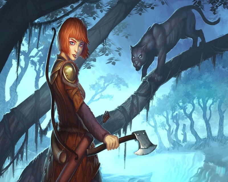 Woman with Axe in Forest — Blue