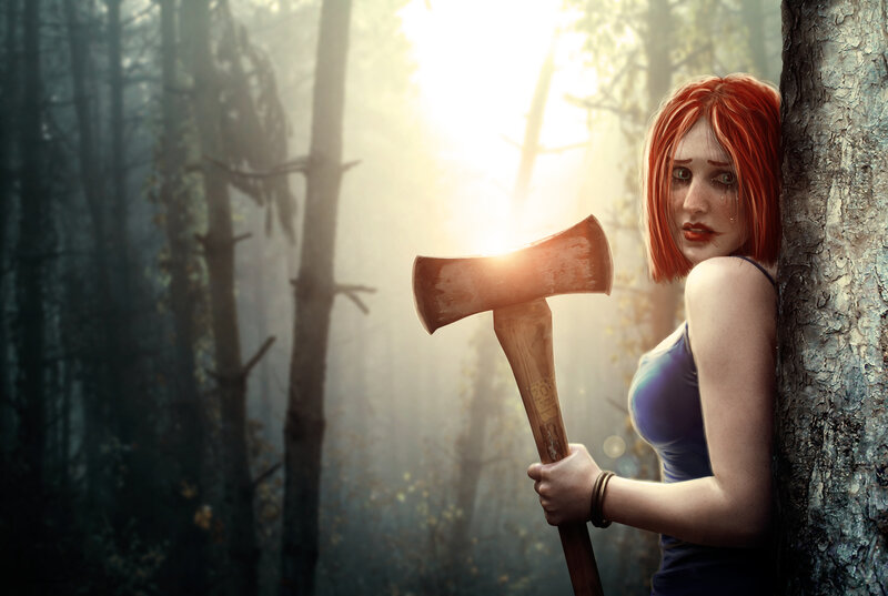 Woman with Axe in Forest — Red