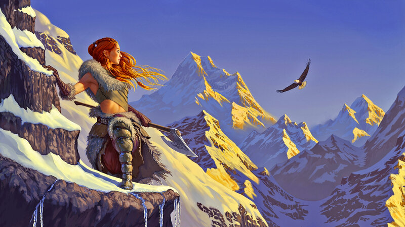 Woman with Axe on Mountain — Blue
