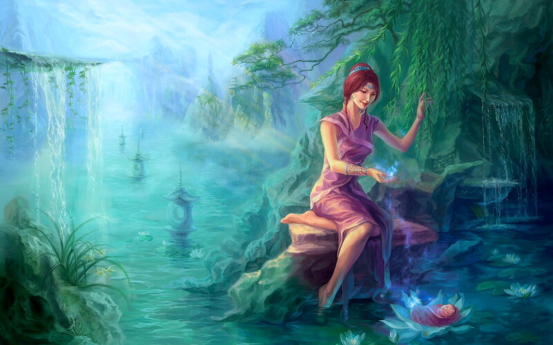 Woman with Baby in Pond