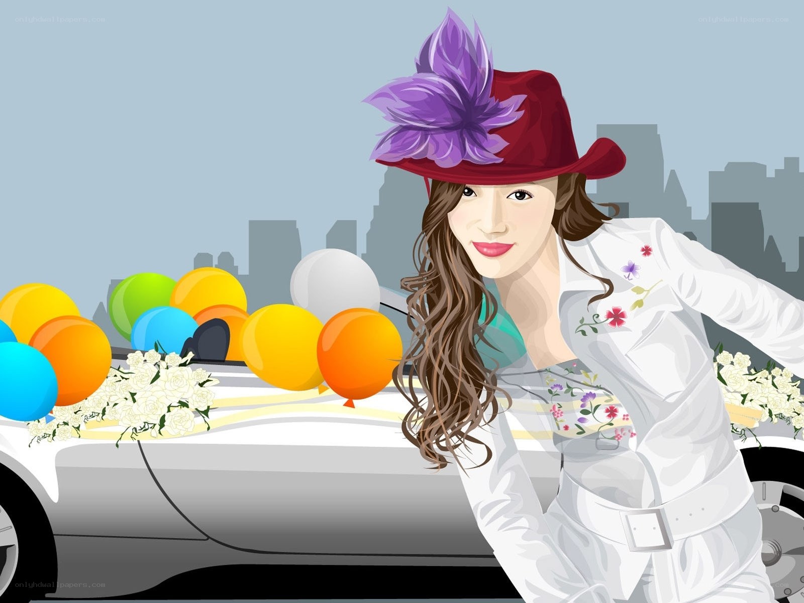 woman with balloons and car