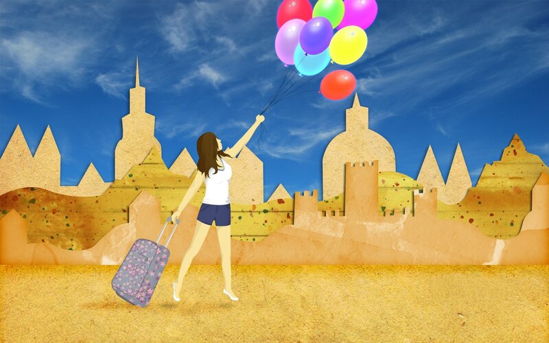 woman with balloons and suitcase