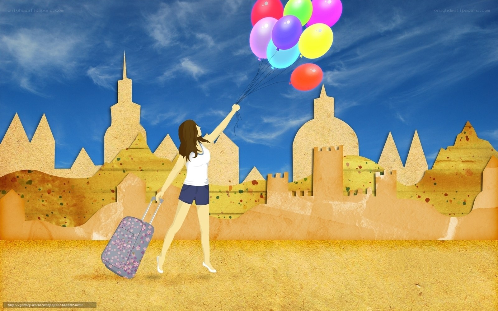 woman with balloons and suitcase