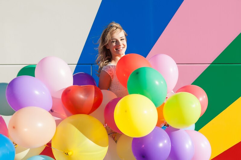 Woman with Balloons — Blue, Joyful