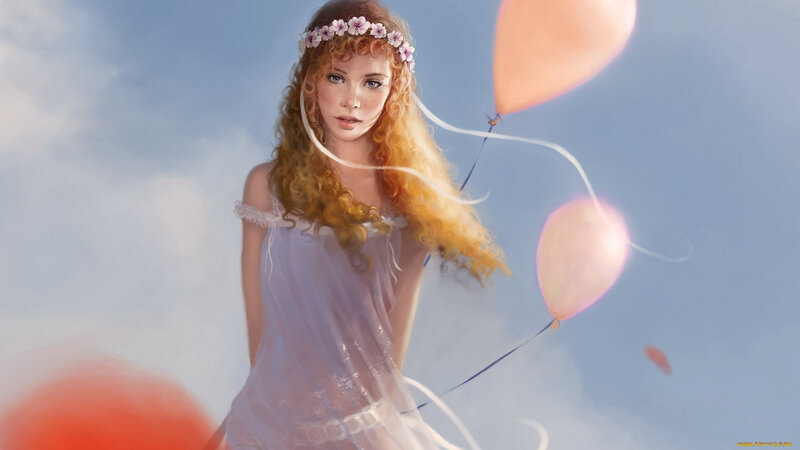 Woman with Balloons — Blue, Serene, Afternoon, Digital Art