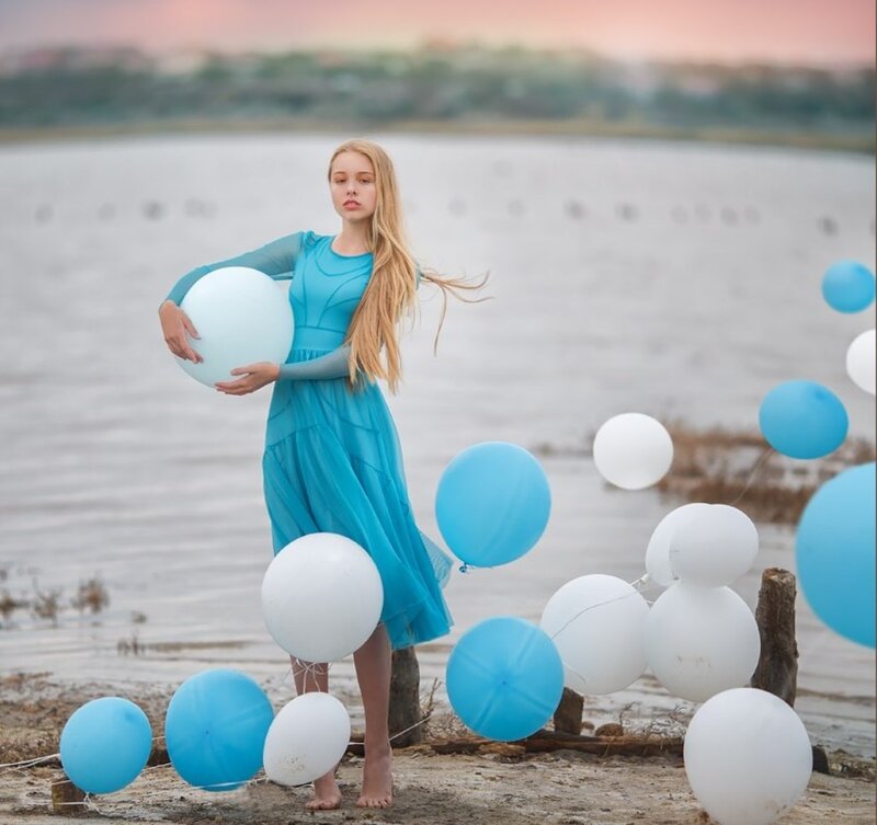 Woman with Balloons — Blue, Serene, Sunset