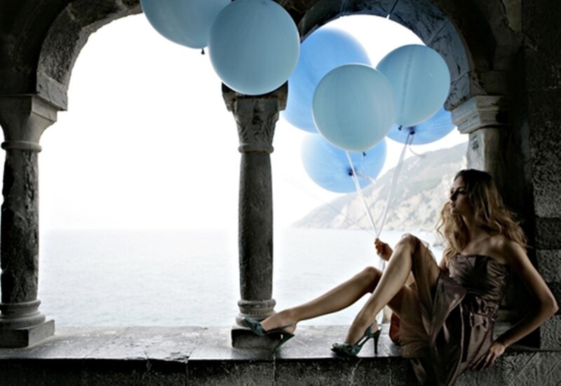 Woman with Balloons — Blue, Serene