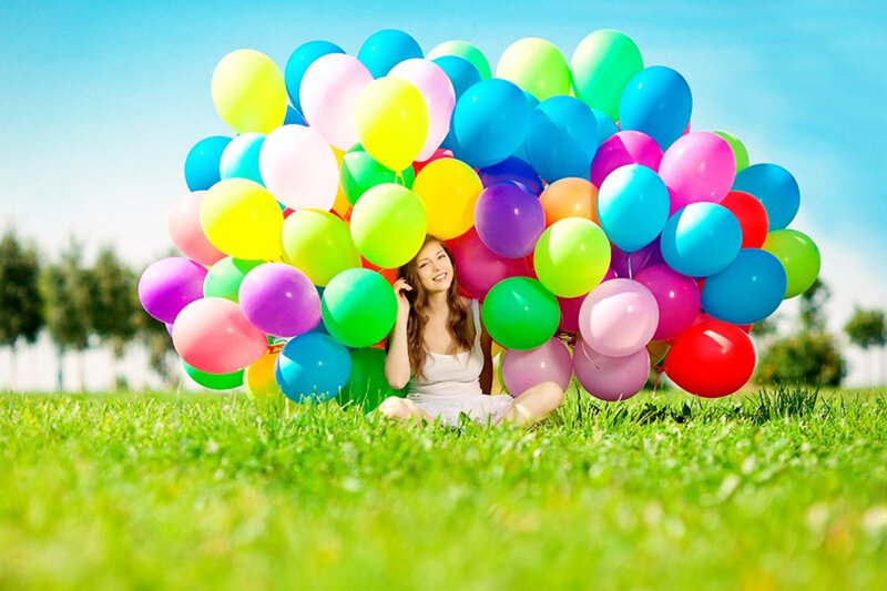 Woman with Balloons — Green, Happy