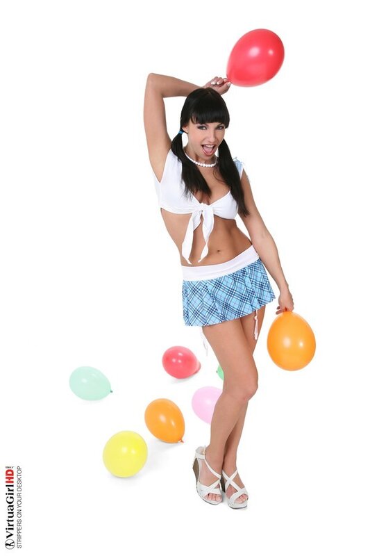 Woman with balloons in school outfit