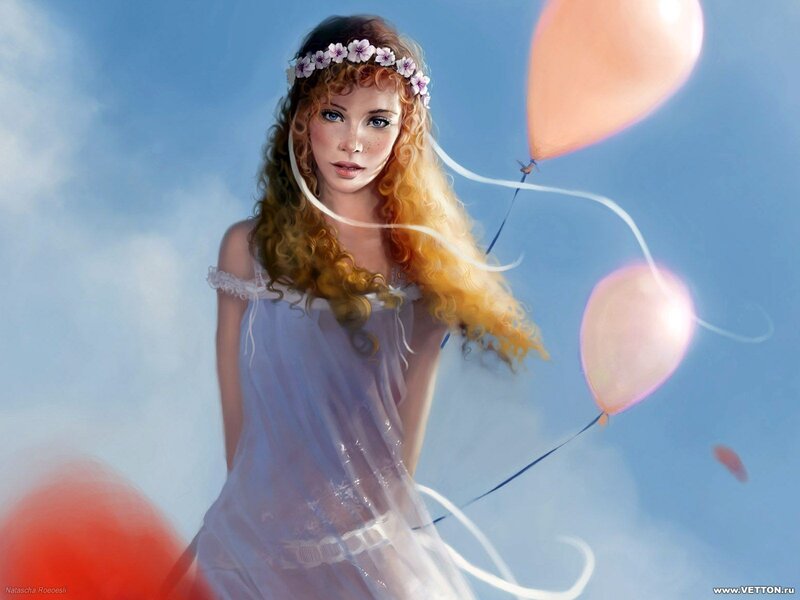 woman with balloons in sky