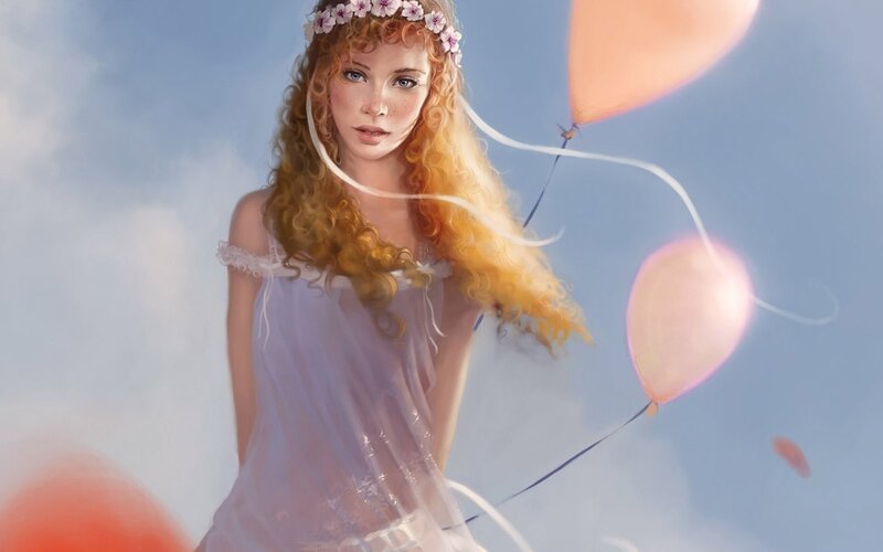 woman with balloons in sky