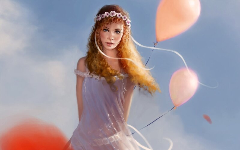 woman with balloons in sky