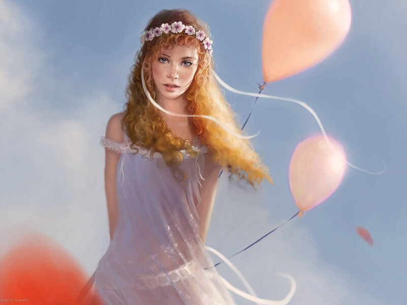 woman with balloons in sky