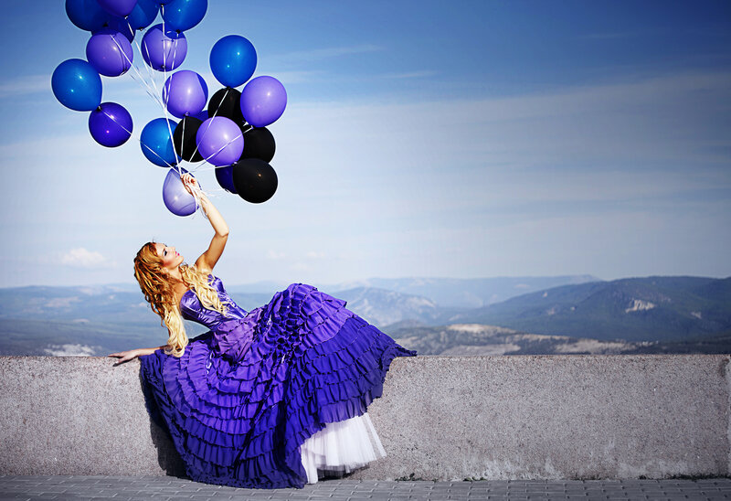 Woman with Balloons — Purple, Dramatic