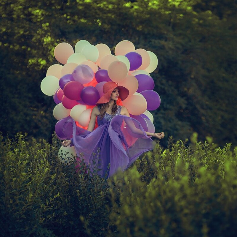 Woman with Balloons — Purple, Dreamy