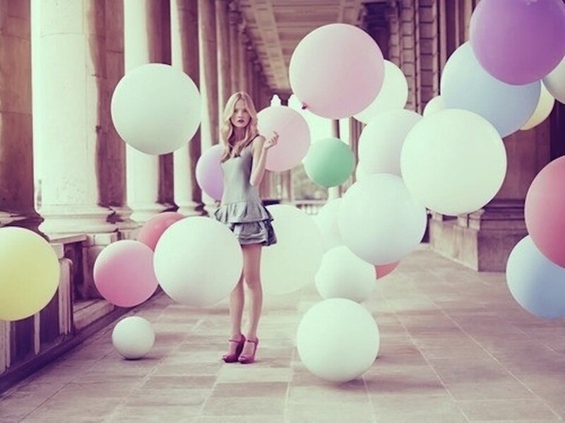 Woman with Balloons — White, Dreamy, Photograph