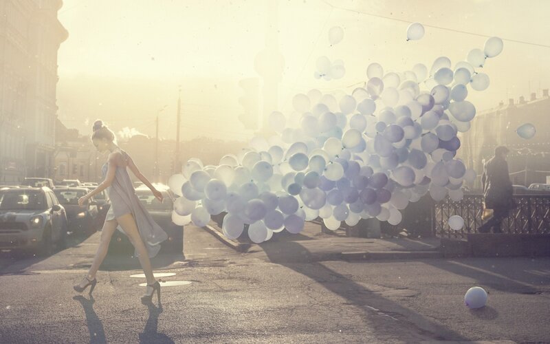 Woman with Balloons — White, Dreamy