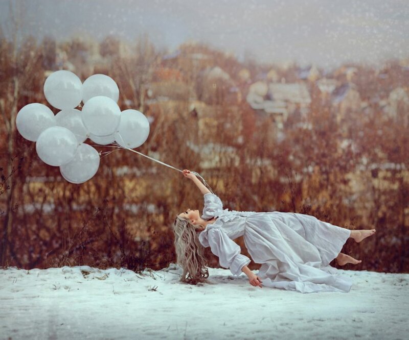 Woman with Balloons — White, Dreamy, Winter