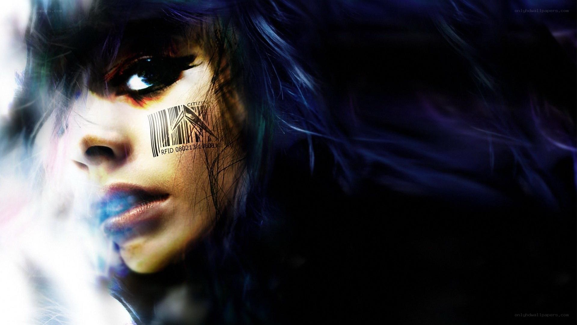 woman with barcode on face