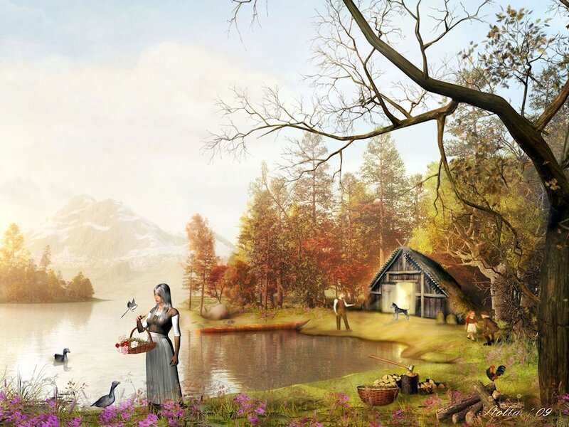 Woman with Basket by Lake