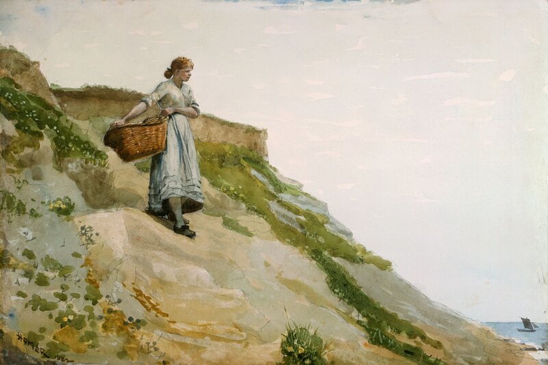 Woman with basket on cliff