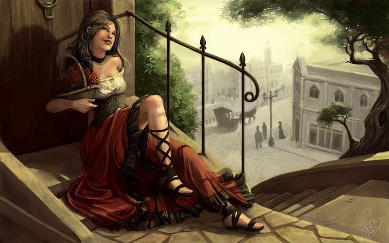 Woman with basket on stairs