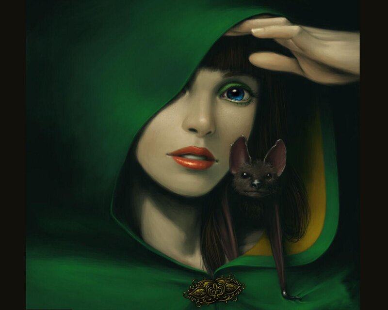 Woman with Bat — Green, Dramatic