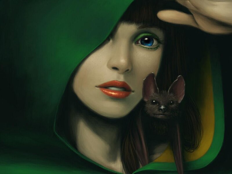 woman with bat in green hood