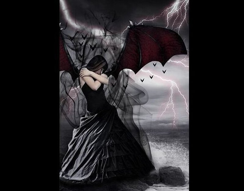 Woman with Bat Wings — Black, Dramatic, Night, Digital Art
