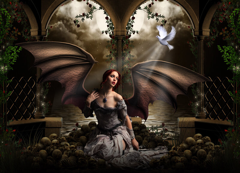 Woman with Bat Wings — Brown, Dramatic