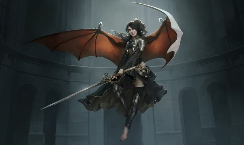 Woman with Bat Wings — Gray, Dramatic, Digital Art