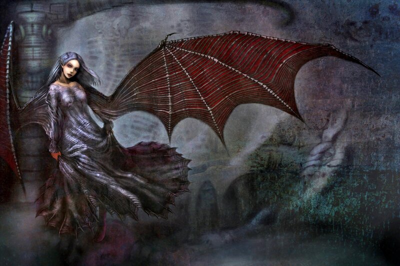 Woman with Bat Wings — Gray, Dramatic