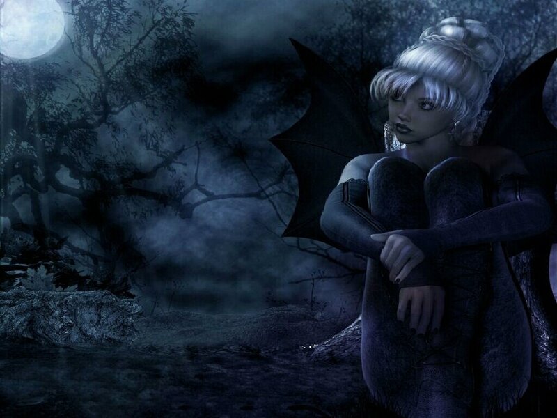 woman with bat wings in moonlight