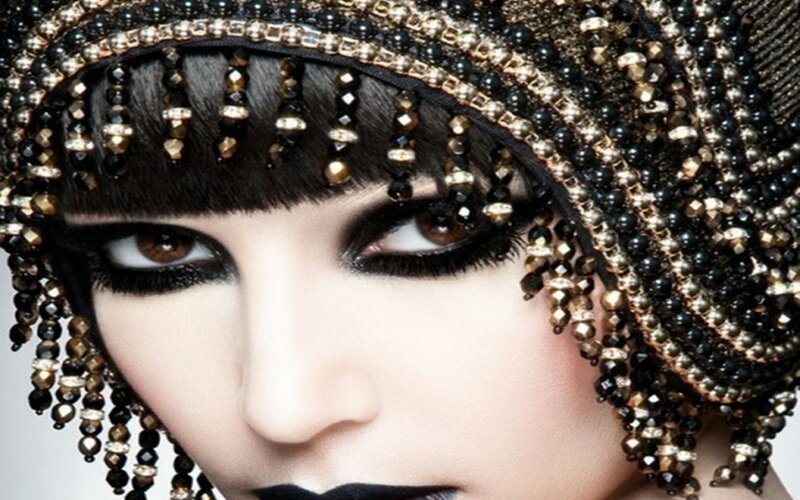 Woman with Beaded Headpiece — Black, Dramatic, Photograph