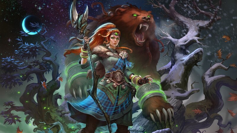 Woman with Bear Companion — Green, Dramatic