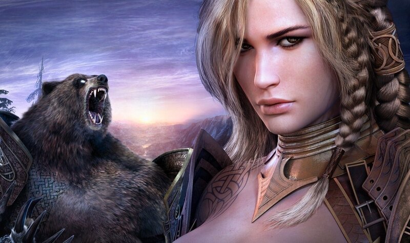 Woman with Bear Companion — Purple