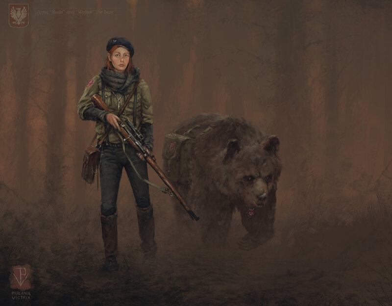 Woman with Bear in Forest — Brown, Dramatic