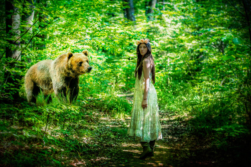 Woman with Bear in Forest — Green